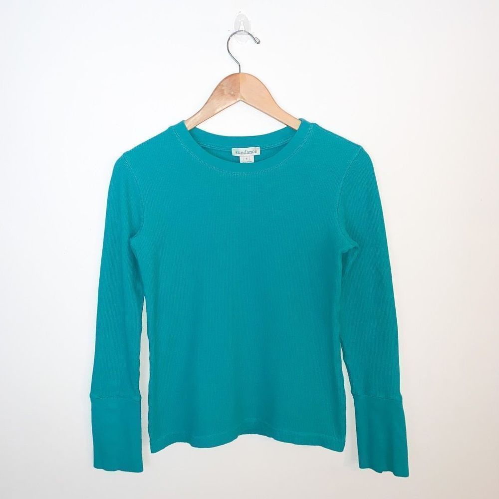 Sundance bright teal waffle knit Henley with velvet button cuff